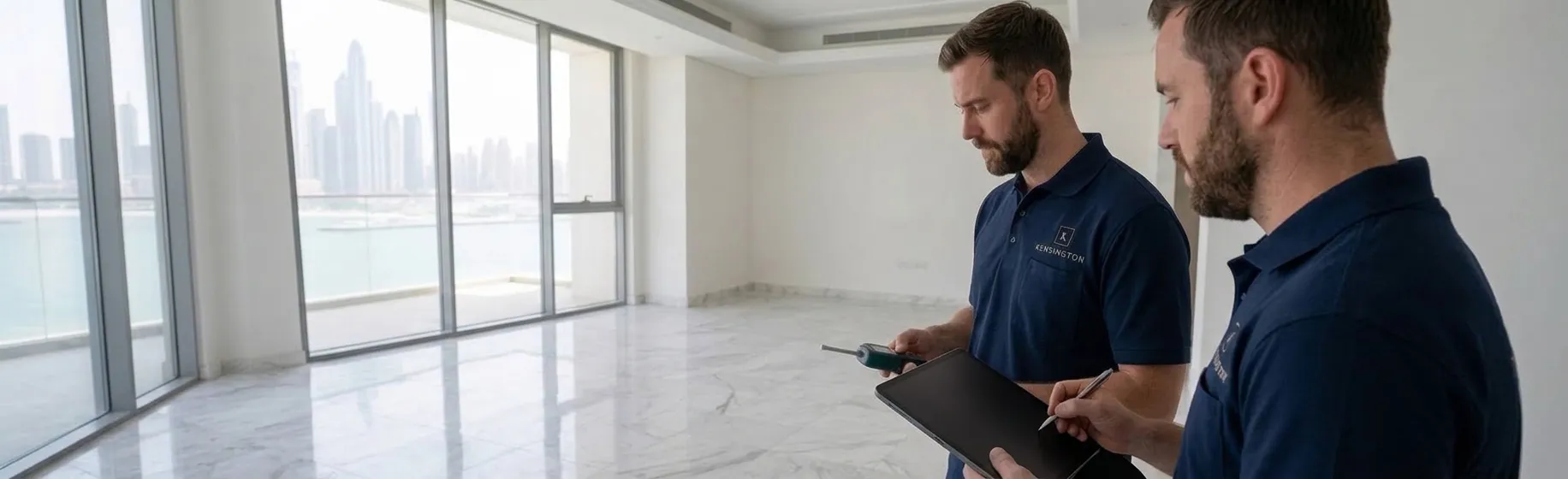 Two Kensington inspectors with a moisture meter and tablet in an empty apartment overlooking the Dubai Marina skyline